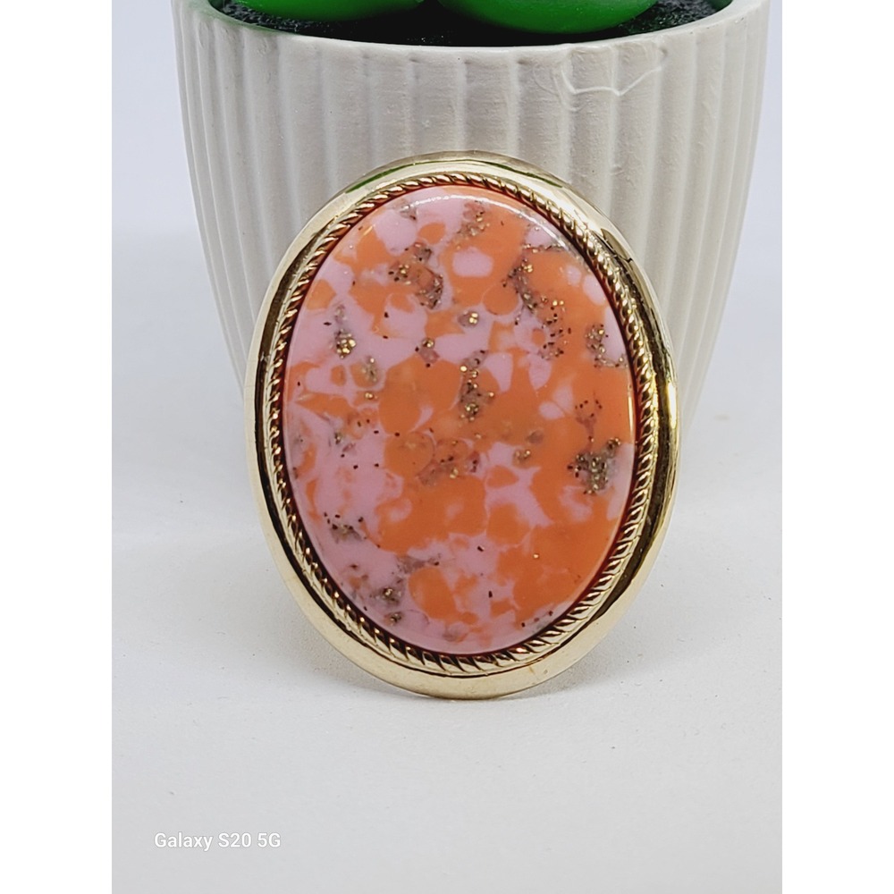 Vintage Oval Brooch Pink Orange Swirl Glitter Gold Tone Pin Women Accessory‎